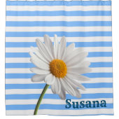 Shower Curtain Blue en White Stripe White Daisy Douchegordijn (Voorkant)