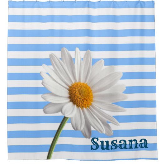 Shower Curtain Blue en White Stripe White Daisy Douchegordijn (Voorkant)