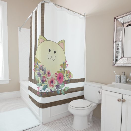 Shower Curtain Brown Stripe Whimsical Cat Douchegordijn (In situ)