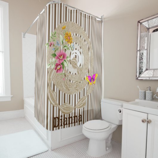 Shower Curtain Butterfly Floral Brown Stripe Douchegordijn (In situ)