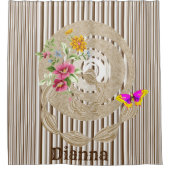 Shower Curtain Butterfly Floral Brown Stripe Douchegordijn (Voorkant)