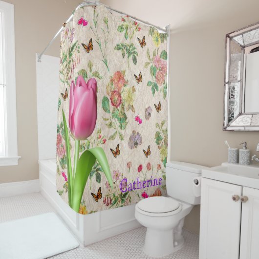 Shower Curtain Butterfly roze Tulip Floral Douchegordijn (In situ)
