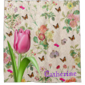 Shower Curtain Butterfly roze Tulip Floral Douchegordijn (Voorkant)