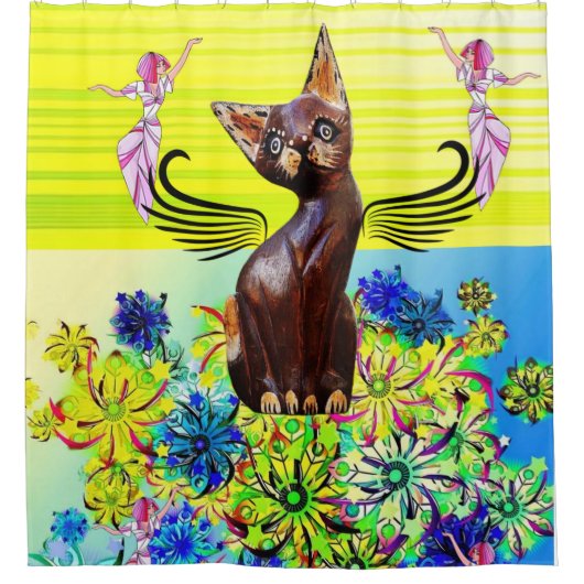 Shower Curtain Cat Fairy Floral Yellow Douchegordijn (Voorkant)