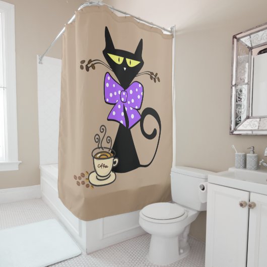 Shower Curtain Cat Paarse Bow Coffee Beige Douchegordijn (In situ)