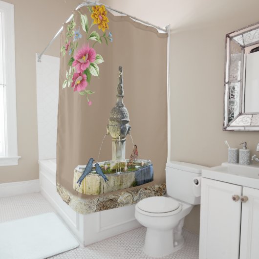 Shower Curtain Floral Birds Stones Beige Douchegordijn (In situ)