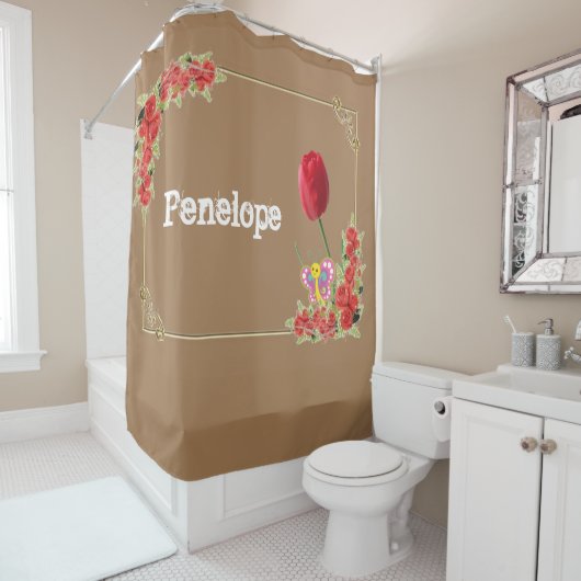 Shower Curtain Floral Butterfly Beige Monogram Douchegordijn (In situ)