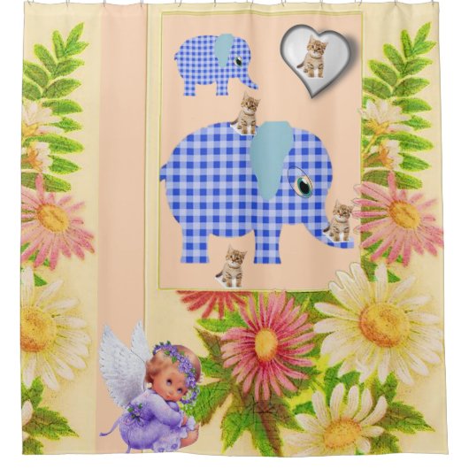 Shower Curtain Floral Elephant Angel Douchegordijn (Voorkant)