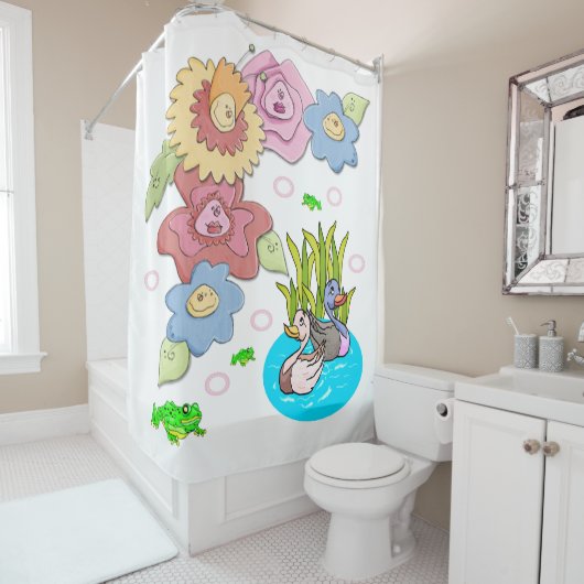 Shower Curtain Floral Frog Ducks Pond Douchegordijn (In situ)