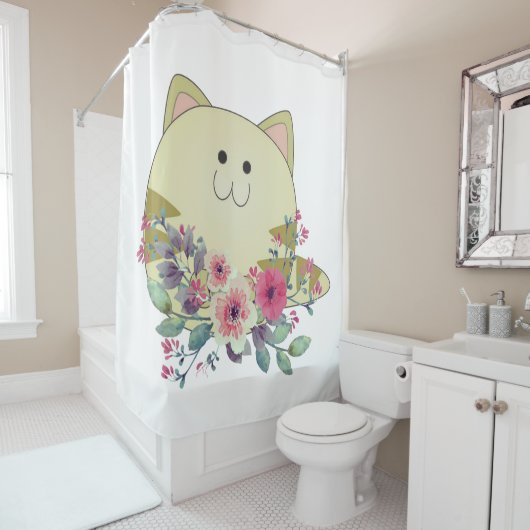 Shower Curtain Floral Kitten Cat Douchegordijn (In situ)