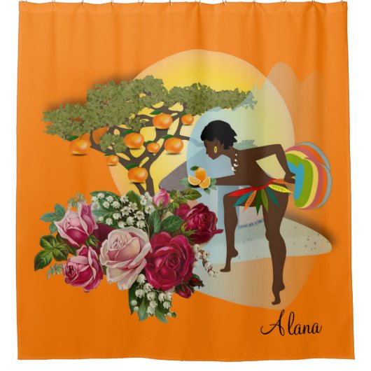 Shower Curtain Floral Oranje Afrikaanse vrouw Douchegordijn (Voorkant)