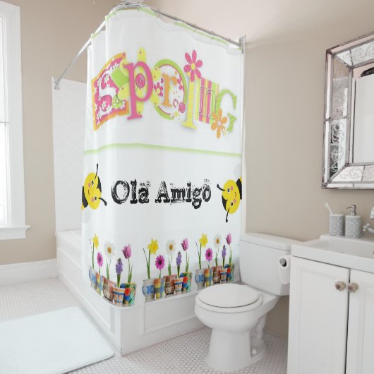 Shower Curtain Floral Spring Bumblebee Douchegordijn (In situ)