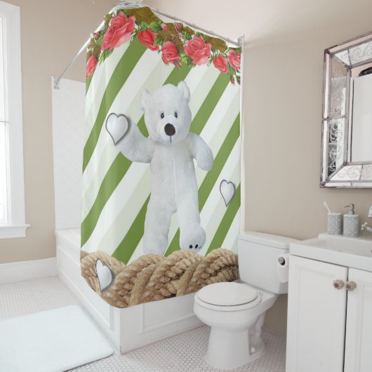 Shower Curtain Floral White Teddy Bear Douchegordijn (In situ)