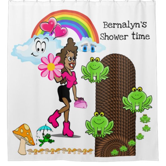 Shower Curtain Frog Mushroom, Rainbow Girl Cloud Douchegordijn (Voorkant)