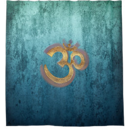 Shower Curtain gold blue damask yoga symbol om Douchegordijn