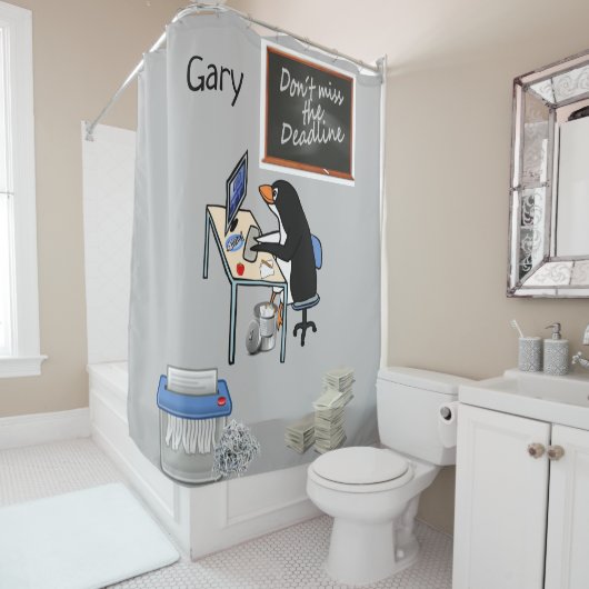 Shower Curtain Gray Penguin Miss Deadline Douchegordijn (In situ)
