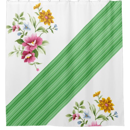 Shower Curtain Green Stripe Floral Douchegordijn (Voorkant)