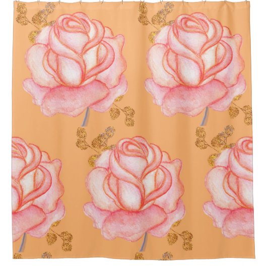Shower Curtain Grote roze rozen Faux Gold Leaves Douchegordijn (Voorkant)