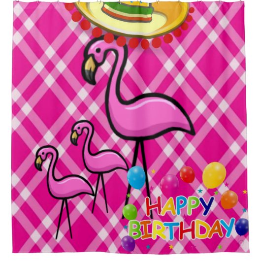 Shower Curtain Happy Birthday Flamingo Douchegordijn (Voorkant)