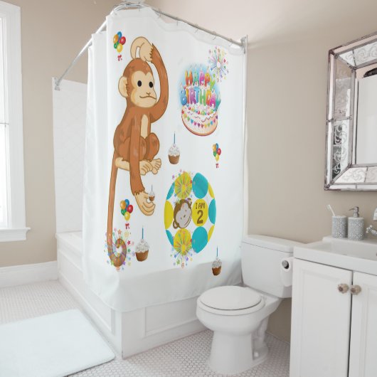 Shower Curtain Happy Birthday Monkey 2 jaar oud Douchegordijn (In situ)