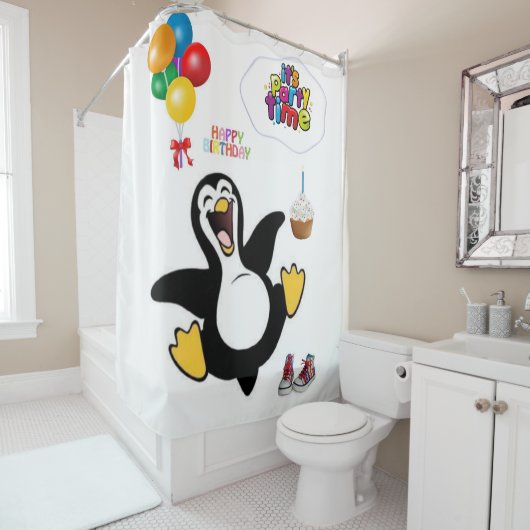 Shower Curtain Happy Birthday Penguin Douchegordijn (In situ)