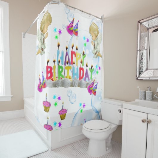 Shower Curtain Happy Birthday Twin Angels Douchegordijn (In situ)