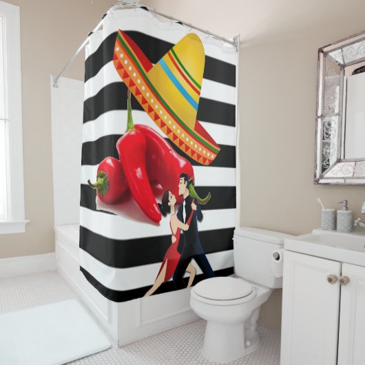 Shower Curtain Mexican Dancers Black Stripe Douchegordijn (In situ)