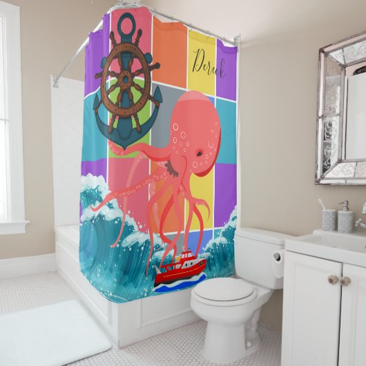 Shower Curtain Octopus Beach Waves Colour Blocks Douchegordijn (In situ)