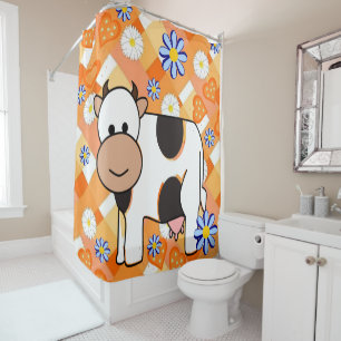 Shower Curtain Oranje Hearts Blue Flowers Koe Douchegordijn