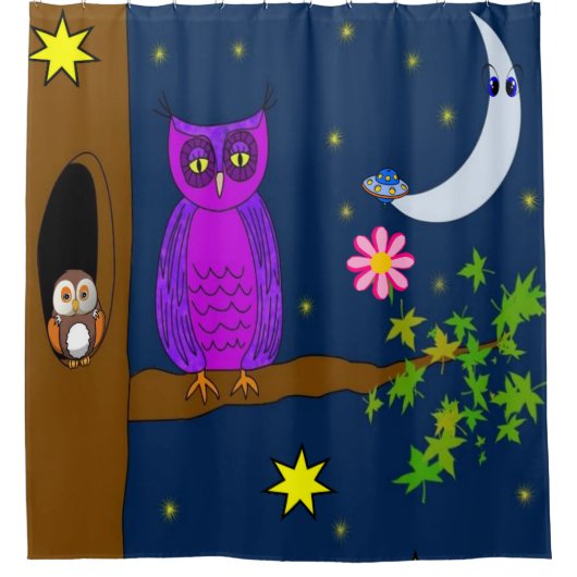 Shower Curtain Owl Stars Moon Douchegordijn (Voorkant)