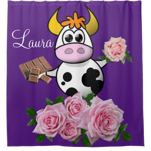 Shower Curtain Paars roze rozen Koe Chocolade Douchegordijn (Voorkant)
