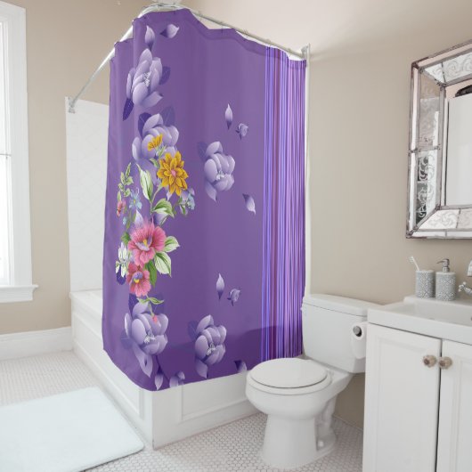 Shower Curtain Paars Stripe Floral Douchegordijn (In situ)