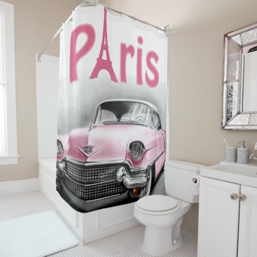 Shower Curtain Paris Frankrijk, roze auto Douchegordijn (In situ)