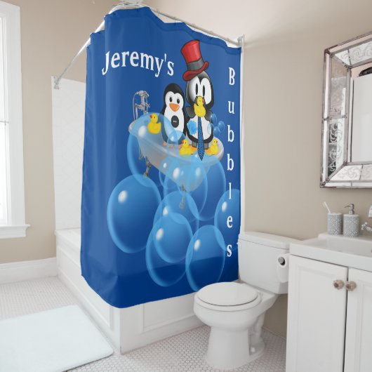 Shower Curtain Penguin Bubbles Yellow Ducks Douchegordijn (In situ)