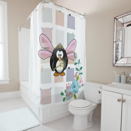 Shower Curtain Penguin Fairy Floral Douchegordijn (In situ)