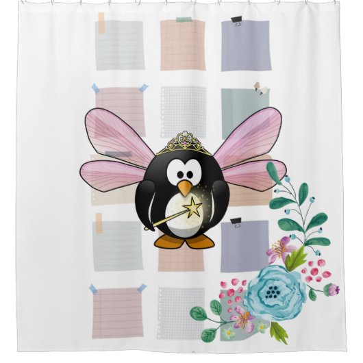 Shower Curtain Penguin Fairy Floral Douchegordijn (Voorkant)