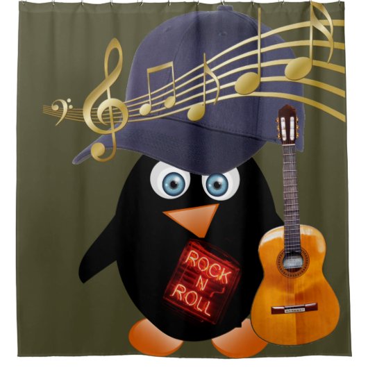 Shower Curtain Penguin Rock n Roll Guitar Douchegordijn (Voorkant)