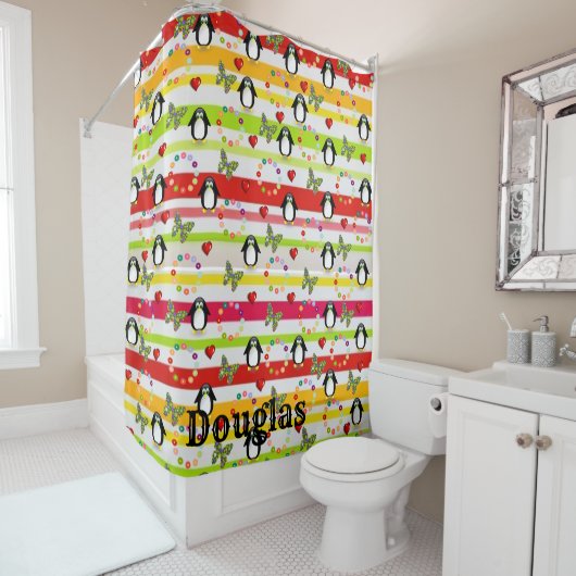 Shower Curtain Penguin Stripe Butterfly Douchegordijn (In situ)