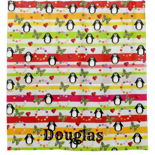 Shower Curtain Penguin Stripe Butterfly Douchegordijn (Voorkant)