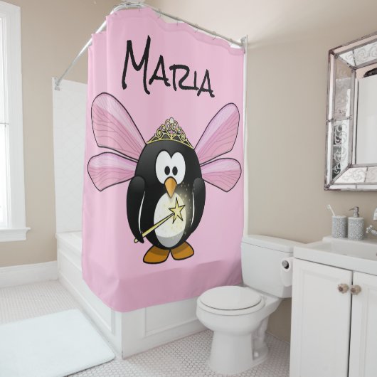Shower Curtain Pink Fairy Penguin Douchegordijn (In situ)