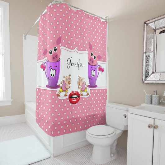 Shower Curtain Pink Pigs Polkadot Douchegordijn (In situ)