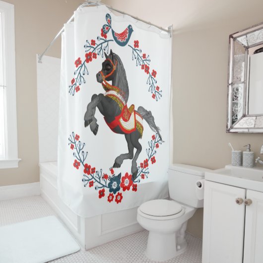 Shower Curtain Red Blue Floral Horse Douchegordijn (In situ)