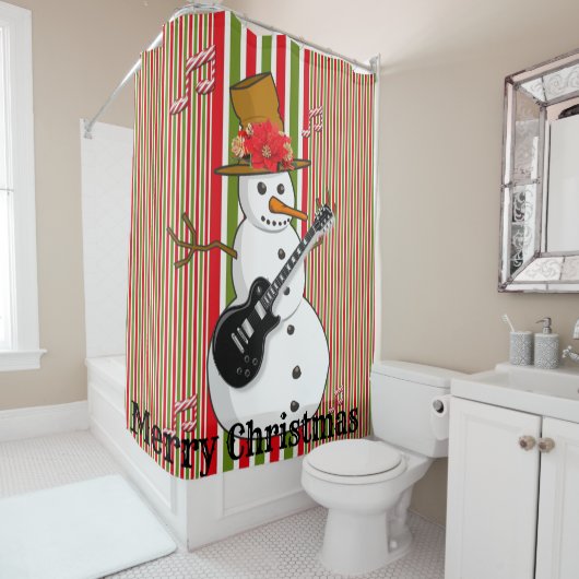 Shower Curtain Red Green White Stripe Snowman Douchegordijn (In situ)
