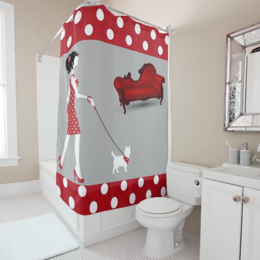 Shower Curtain Red Polkadot Paris Frankrijk Douchegordijn (In situ)