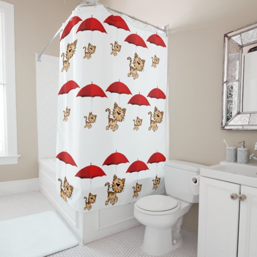 Shower Curtain Red Umbrella Cats Douchegordijn (In situ)