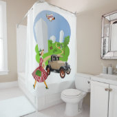 Shower Curtain Retro Woman Dog Airplane Douchegordijn (In situ)