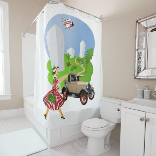 Shower Curtain Retro Woman Dog Airplane Douchegordijn (In situ)