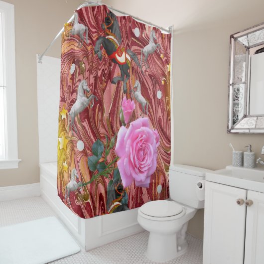 Shower Curtain Roze Rose Floral Horses Douchegordijn (In situ)