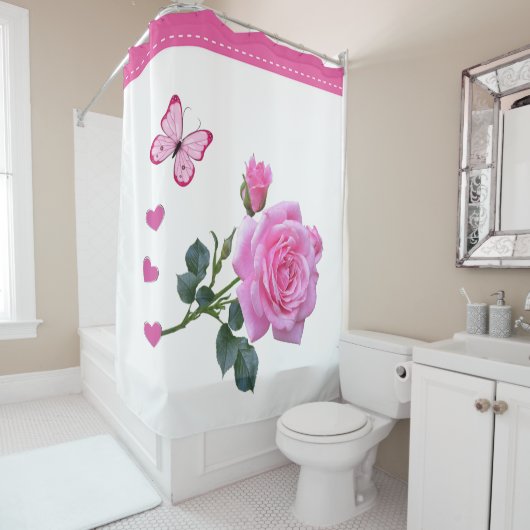 Shower Curtain Roze Rose Floral roze vlinder Douchegordijn (In situ)