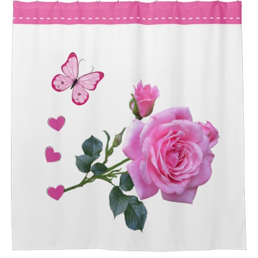 Shower Curtain Roze Rose Floral roze vlinder Douchegordijn (Voorkant)